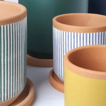 Vier Blumentöpfe Ino mit gelben Streifen arrangiert als harmonisches Set für ein modernes Pflanzenambiente