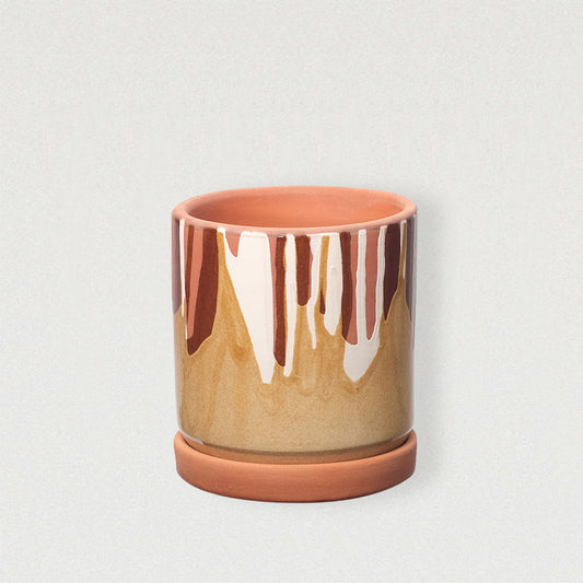 Handgefertigter Blumentopf mit halbseitiger weißer Engobe und matter Braun-Glasur – perfekter Keramik-Topf für Zimmerpflanzen