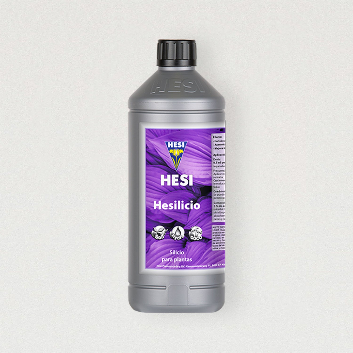 HESI Hesilicio 1-Liter-Flasche vor hellem Hintergrund, silbergrauer Kunststoffbehälter mit violettem Etikett – Silicium-Zusatz für Pflanzen zur Stärkung von Zellwänden und Wurzelwachstum, erhältlich bei Berlinplant.