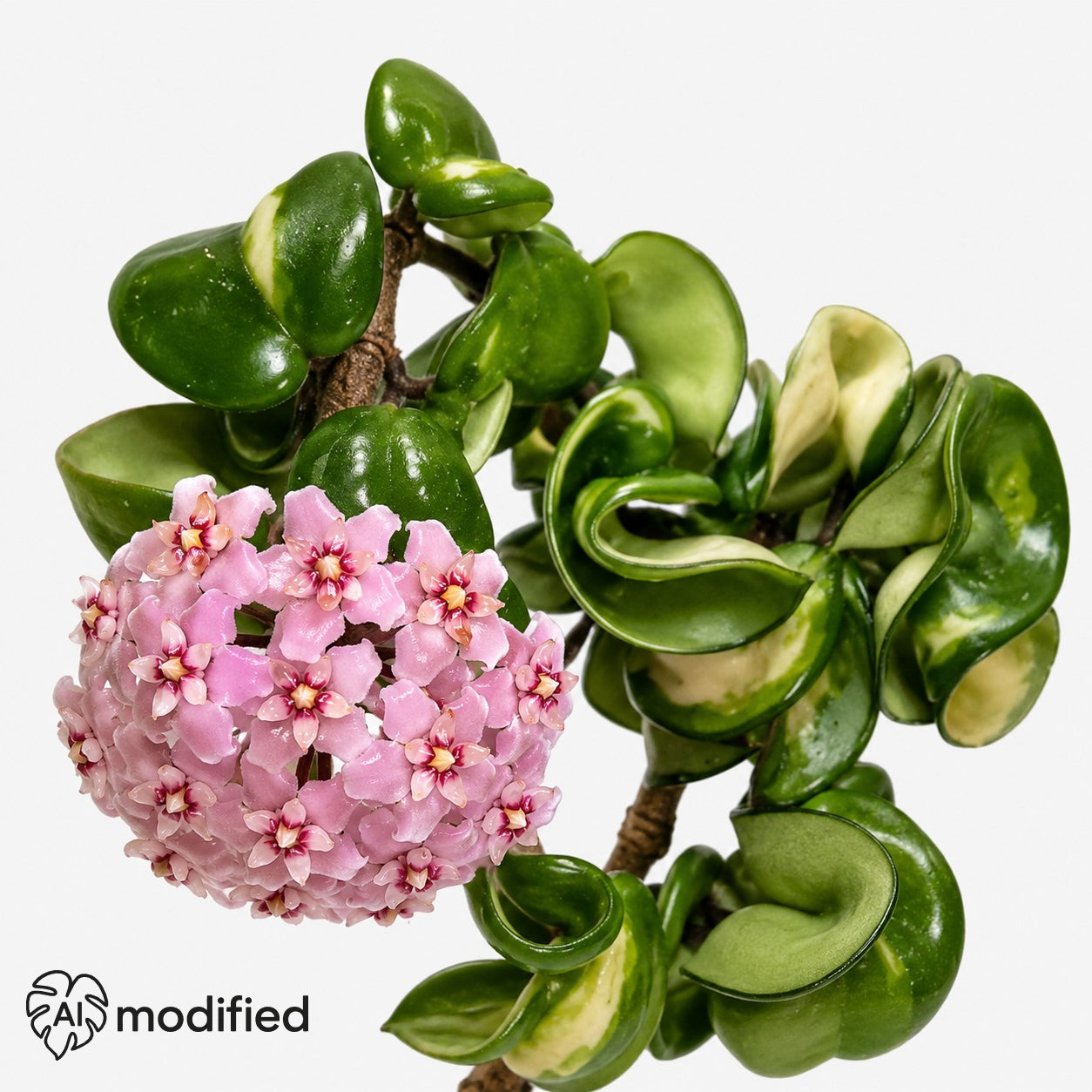 Hoya carnosa Compacta Mauna Loa mit dicht gedrehten dunkelgrünen Blättern und rankendem Wuchs vor hellem Hintergrund.