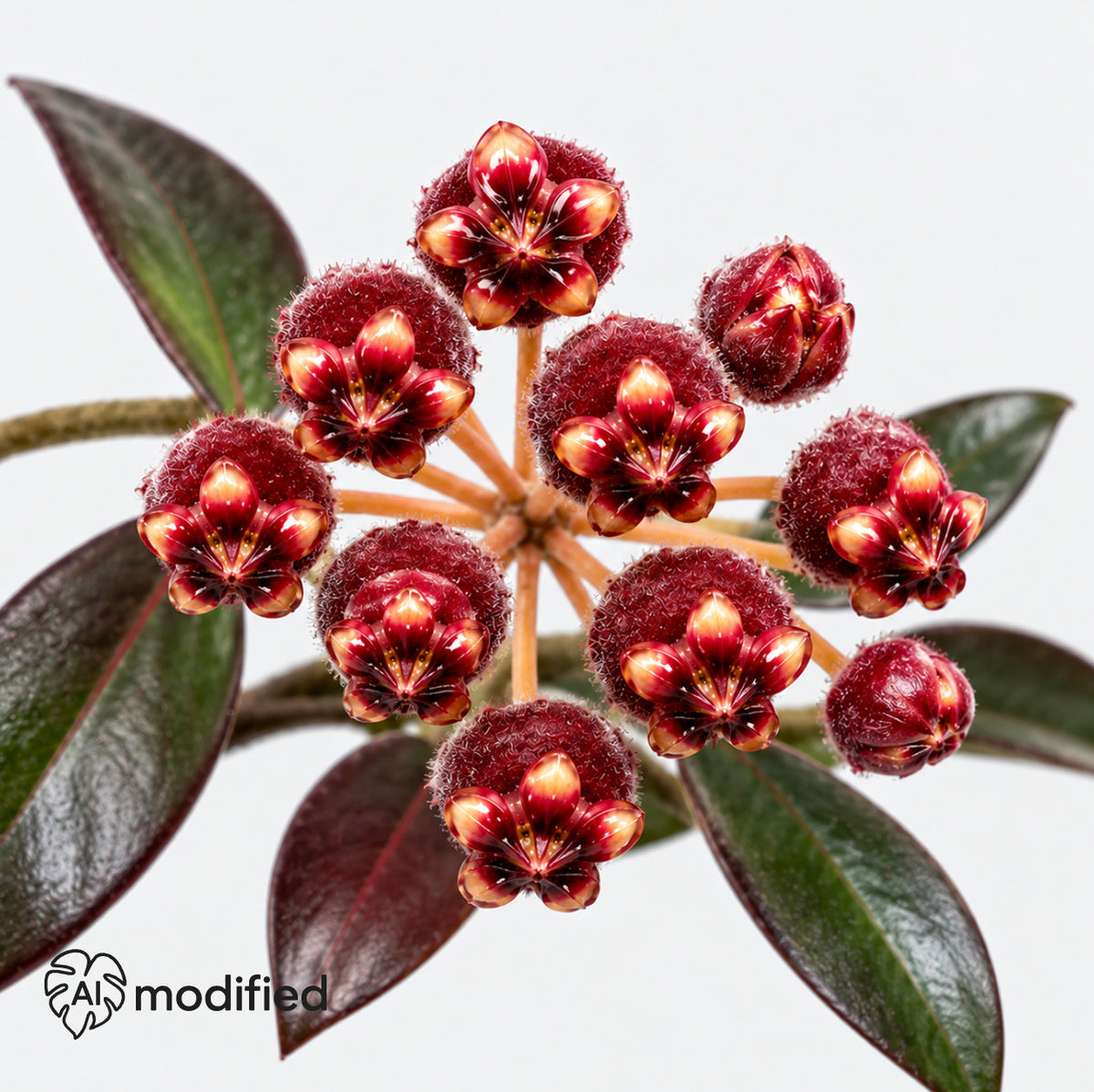 Blütendolde einer Hoya Red Moon: weinrote, behaarte Blüten mit glänzender rot-goldener Krone zwischen rötlich überlaufenen, dunkelgrünen Blättern.