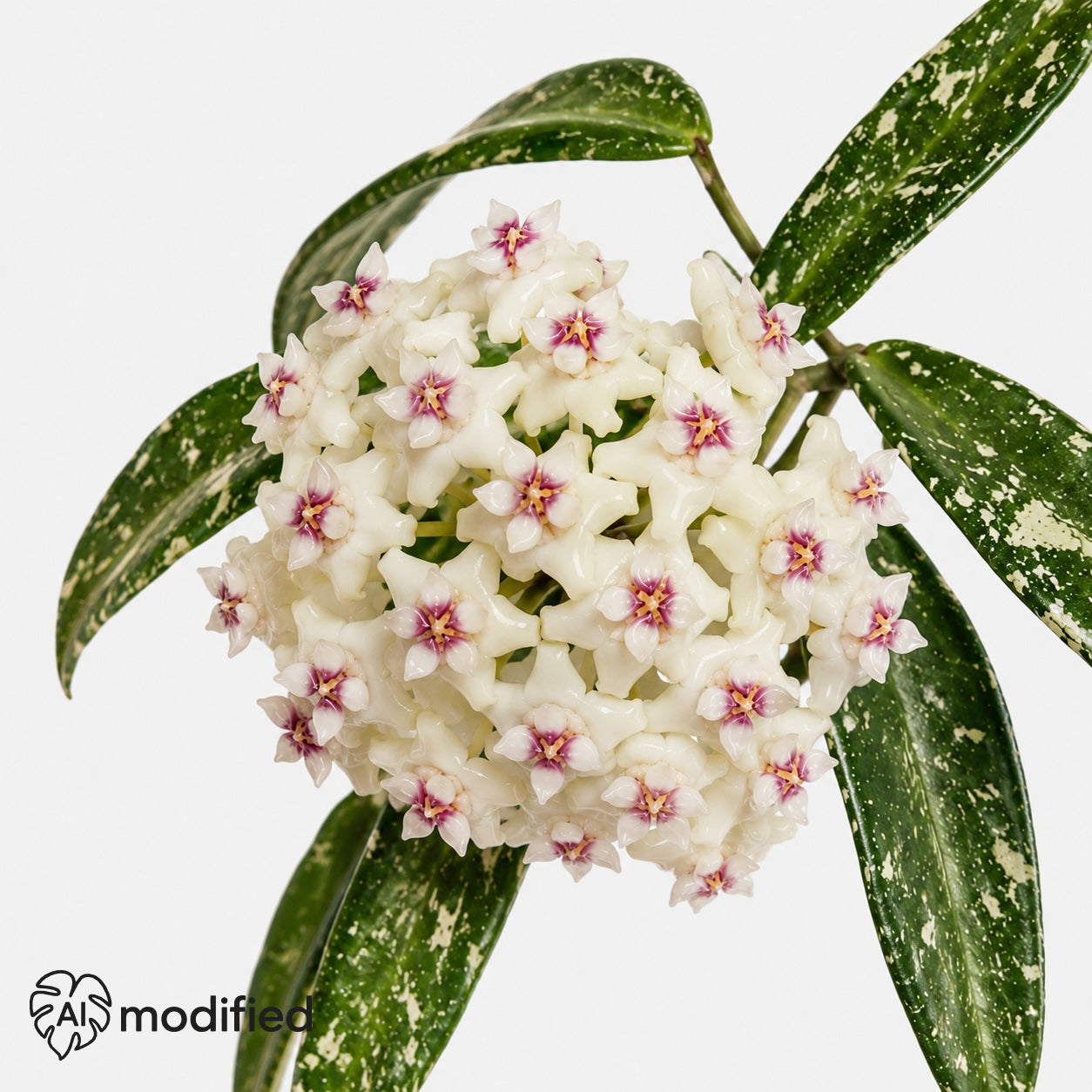 Hoya sp Loei mit schmalen grünen Blättern, silbrigem Splash und rankenden Trieben vor hellem Hintergrund.