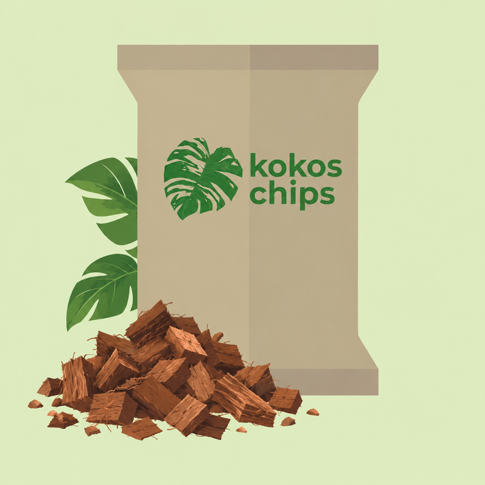 Gezeichneter Beutel mit der Aufschrift Kokos Chips, davor ein Haufen Kokoschips, dahinter Monstera-Blätter