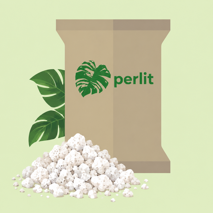 Illustration: Beutel mit der Aufschrift perlit, davor ein Häufchen weißer, poröser Perlitkörner und zwei Monstera-Blätter