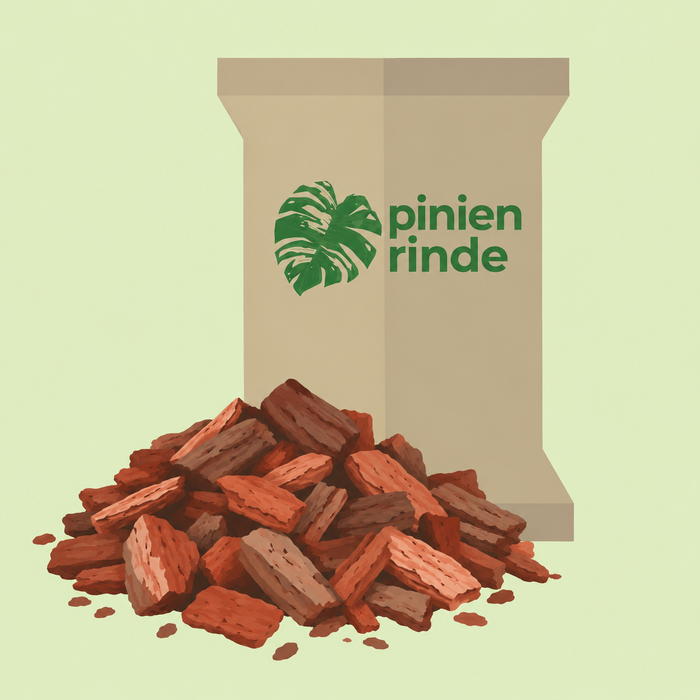Papierbeutel mit der Aufschrift Pinienrinde und einem Monstera-Blatt hinter einem Haufen rotbrauner Rindenstücke, hellgrüner Hintergrund