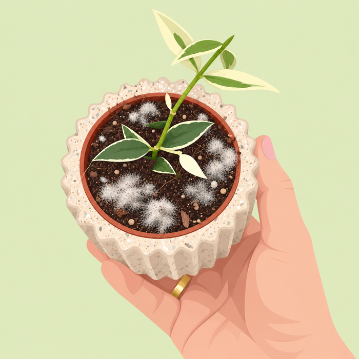 Illustration: Hand hält einen gerippten hellen Übertopf mit einer jungen, grün und cremeweiß panaschierten Pflanze, auf der dunklen Erde wachsen weiße, flauschige Schimmelflecken