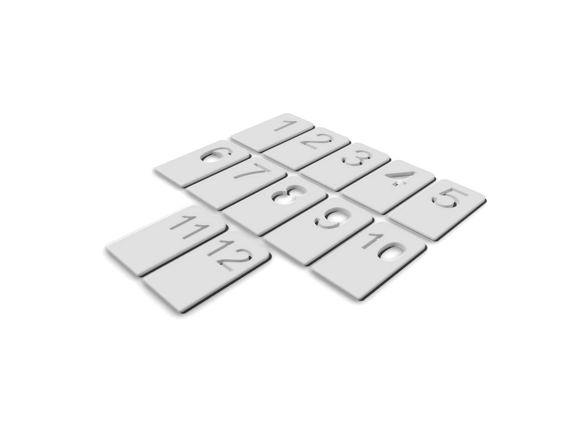 Das Nummernschilder-Set von Berlinplant besteht aus einem 4x3-Raster aus weißen rechteckigen Kacheln mit den Nummern 1–12, wobei die Kachel mit der Nummer 8 fehlt und eine auffällige Lücke vor dem schwarzen Hintergrund hervorsticht.