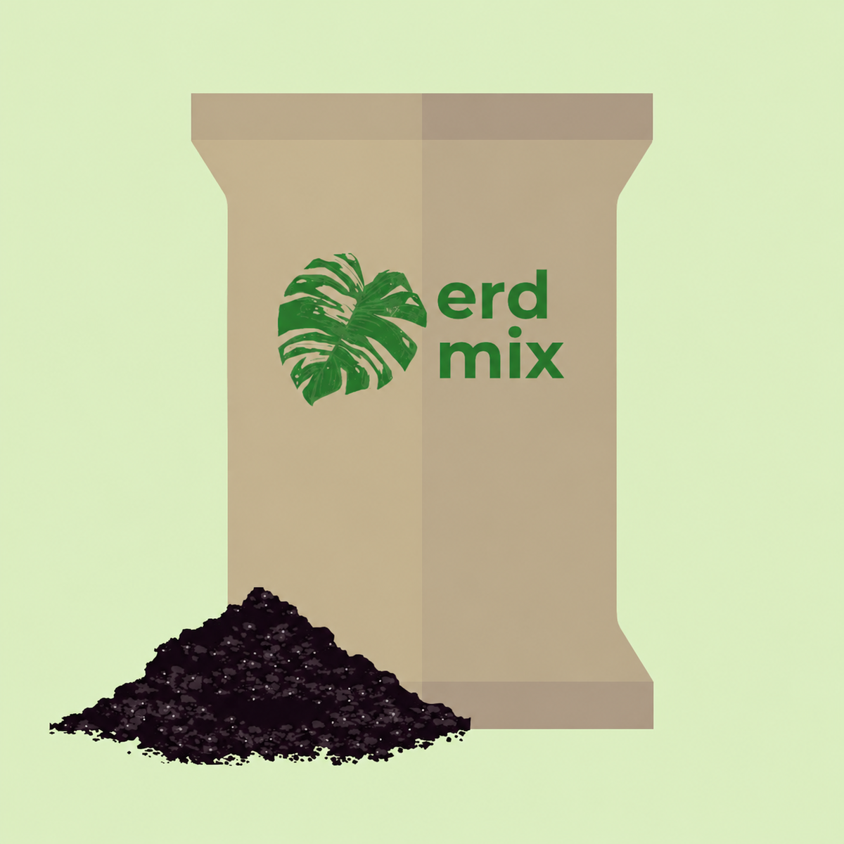 Illustration eines Erdmix-Beutels mit Monstera-Blatt und der Aufschrift erd mix, davor ein Haufen dunkler, lockerer Erde vor hellgrünem Hintergrund