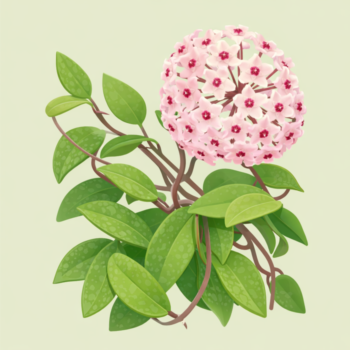 Illustrierte Hoya mit silbrig gesprenkelten grünen Blättern an braunen Trieben und einer kugeligen rosa Blütendolde mit dunkelroten Blütenmitten vor hellgrünem Hintergrund