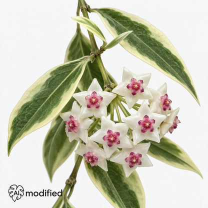 Blütendolde einer Hoya bella Albomarginata: weiße sternförmige Einzelblüten mit pinkroter Mitte zwischen weiß gerandeten Blättern.