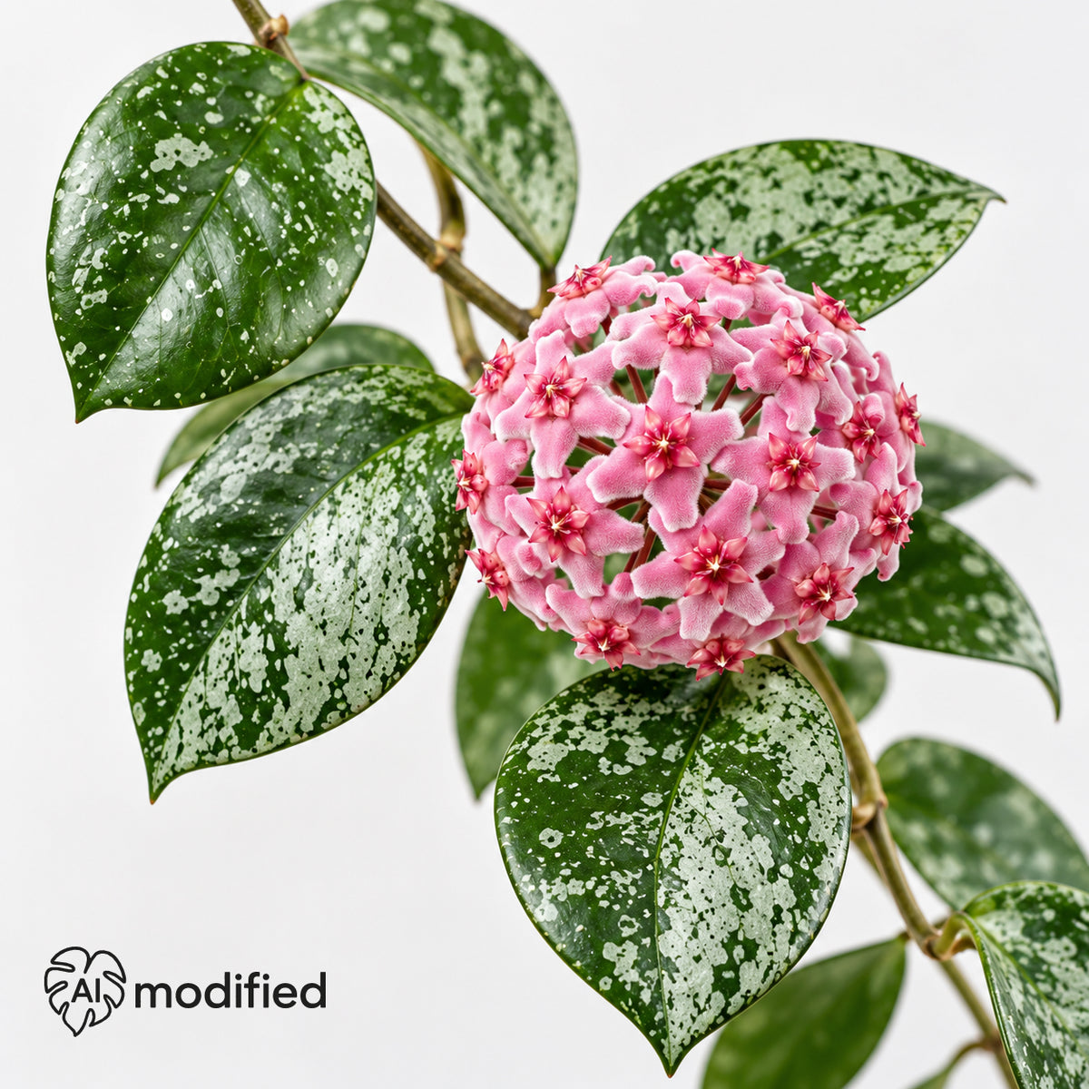 Blütenkugel einer Hoya carnosa Freckles Splash: rosa, samtige Sternblüten mit roter Krone zwischen glänzenden, dicht silbern gesprenkelten Blättern.
