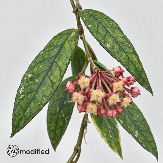 Blütendolde einer Hoya finlaysonii Sukirin: cremegelbe Sternblüten mit rosaroten Zipfeln an rötlichen Stielen zwischen dunkel geaderten Blättern.