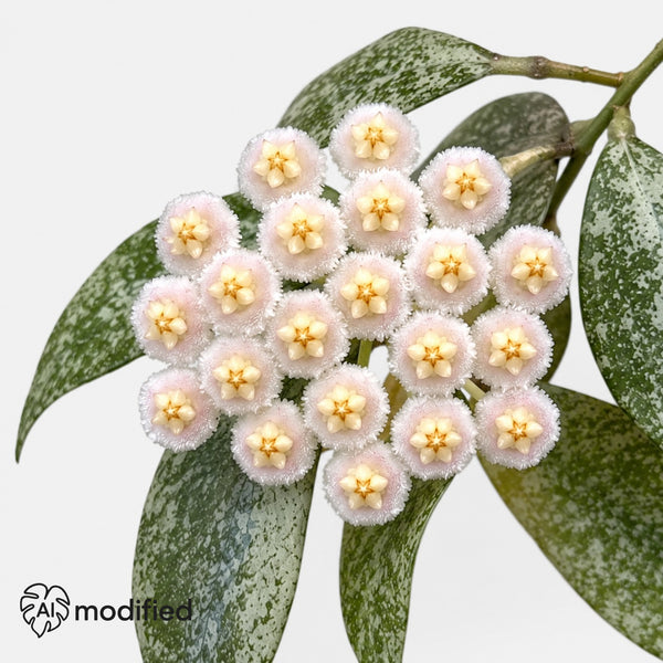 Hoya lacunosa sp. Laos mit schmalen grünen Blättern und cremeweißen, flauschigen Blüten in Nahaufnahme vor hellem Hintergrund.