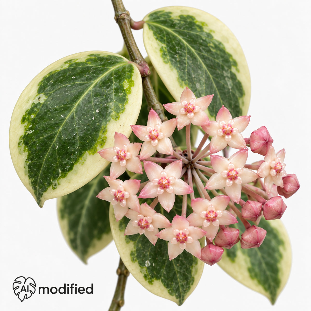 Blütendolde einer Hoya latifolia Albomarginata: cremeweiße Sternblüten mit rosa Mitte und rosa Knospen zwischen breit weiß gerandeten Blättern.