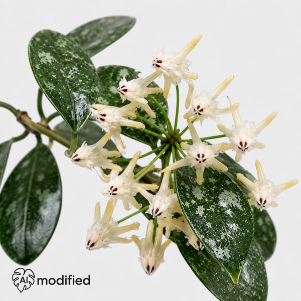 Hoya multiflora Silver Splash mit länglichen dunkelgrünen Blättern und silbrigen Sprenkeln vor hellem Hintergrund.