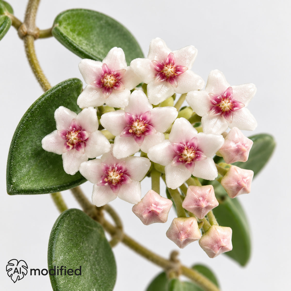Blütendolde einer Hoya nummularioides: weiße, samtige Sternblüten mit pinker Mitte und rosa Knospen an einem Trieb mit kleinen, runden Blättern.