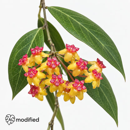 Blütendolde einer Hoya soligamiana: gelbe Blüten mit pinkroter Krone zwischen dunkelgrünen, länglichen Blättern.