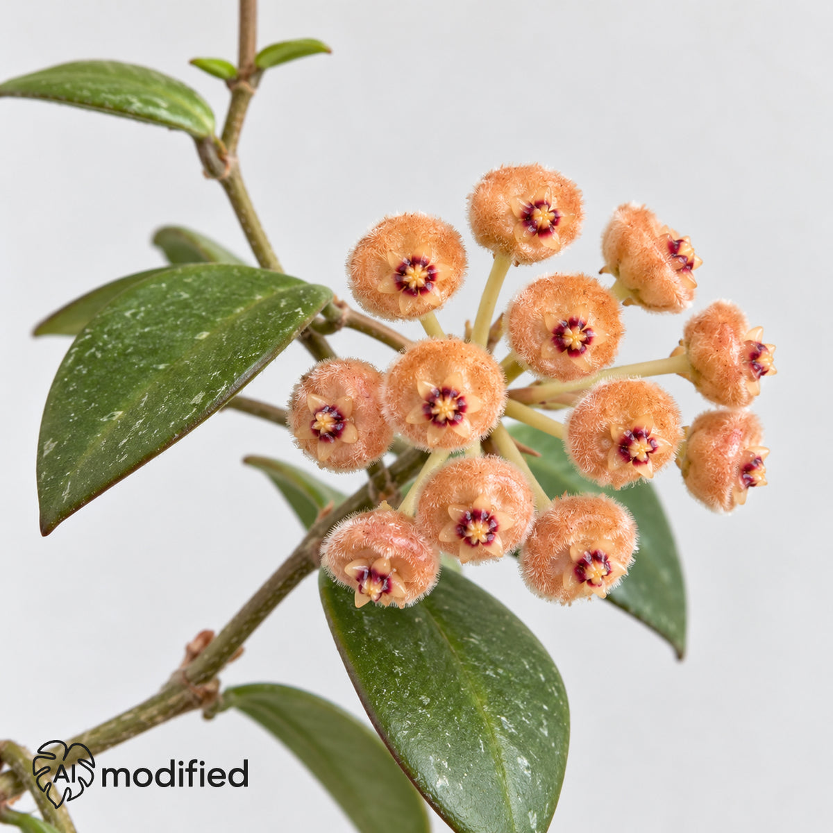 Blütendolde einer Hoya sp. Mini Coin Kalimantan: runde, fein behaarte Blüten in Lachsorange mit dunkelroter Mitte zwischen spitz ovalen, silbrig getupften Blättern.