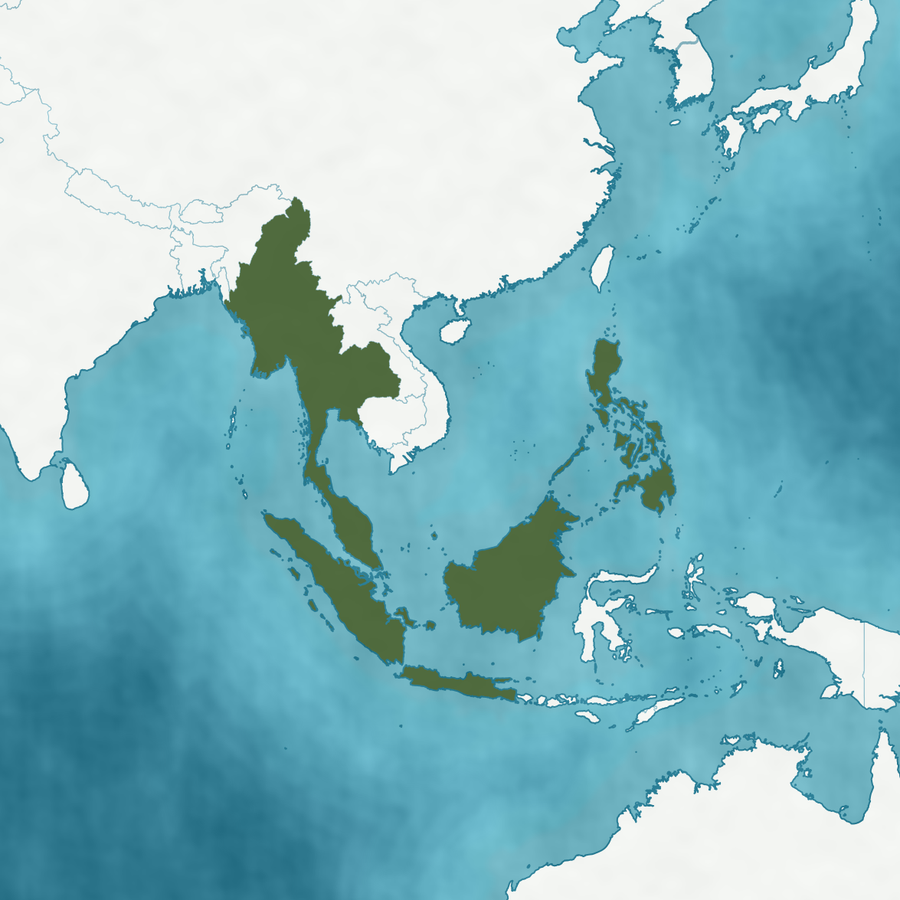 Karte des Verbreitungsgebiets: Borneo, Java, Malaiische Halbinsel, Myanmar, Philippinen, Sumatra und Thailand hervorgehoben