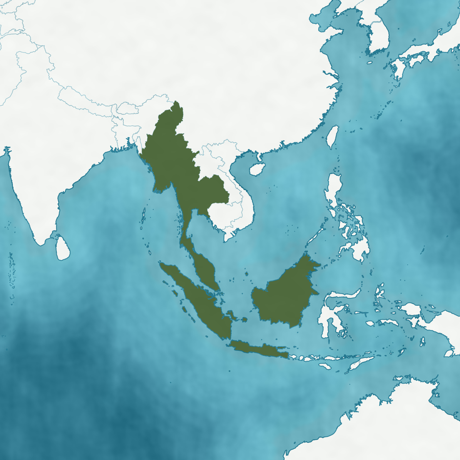 Karte des Verbreitungsgebiets: Borneo, Java, Malaiische Halbinsel, Myanmar, Sumatra und Thailand hervorgehoben