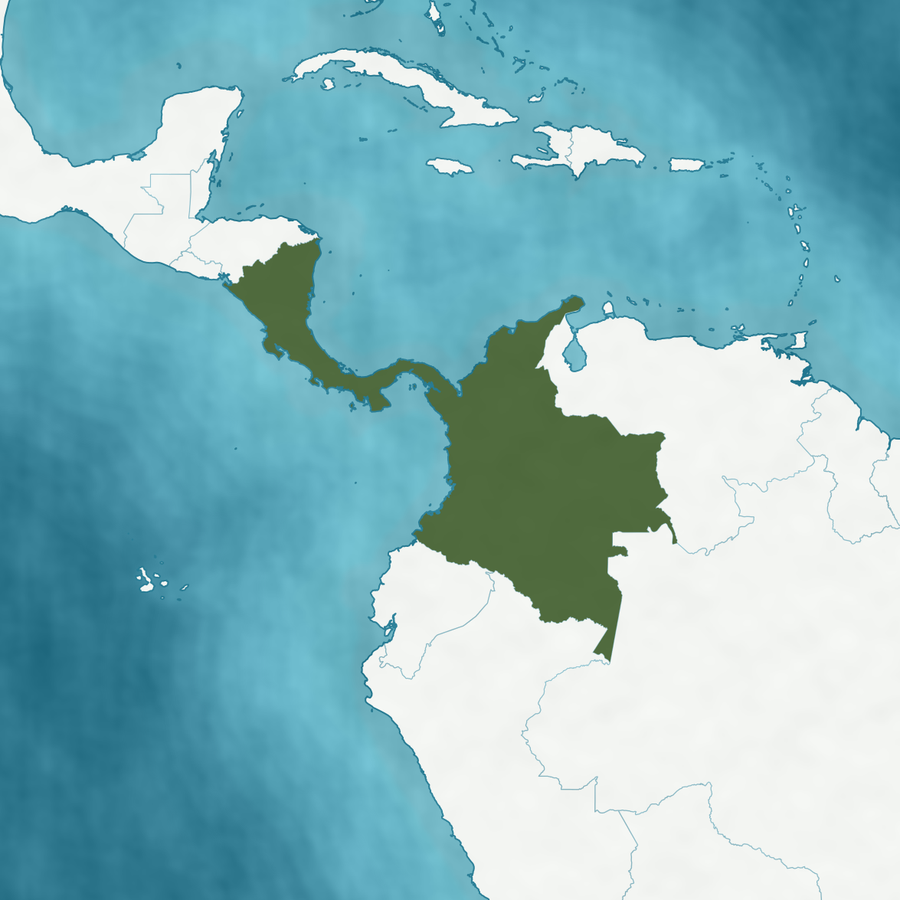 Karte des Verbreitungsgebiets: Kolumbien, Costa Rica, Nicaragua und Panama hervorgehoben