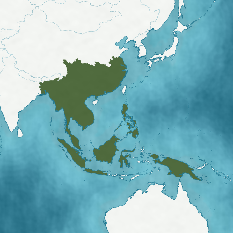 Karte des Verbreitungsgebiets: weite Teile Süd- und Südostasiens hervorgehoben, 16 Regionen: Südasien 2, Indochina 5, Ostasien 2, Malesien 6 und Papuasien 1