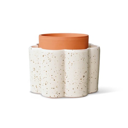 Handgefertigter Keramik-Blumentopf Paulita in weißer gesprenkelter Glasur mit Terrakotta-Innentopf für moderne Wohnräume